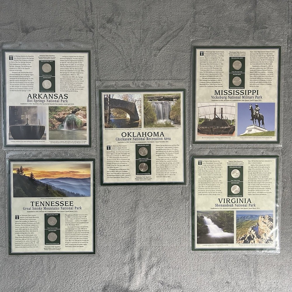 Southern States Quarters‎ & Stamps Collection – 5 Pages AR MS OK TN VA Set